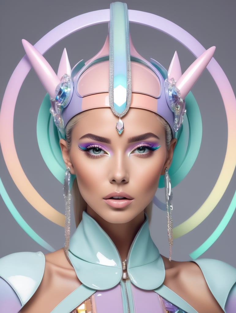 A beautiful european female pop artist wearing a pastel sleek futuristic outfit with a huge headpiece centerpiece. She has clean makeup and is captured in vivid colors, embodying the essence of fantasy and a minimalist, fantastical, edgy, and regal themed outfit, with depth of field.
