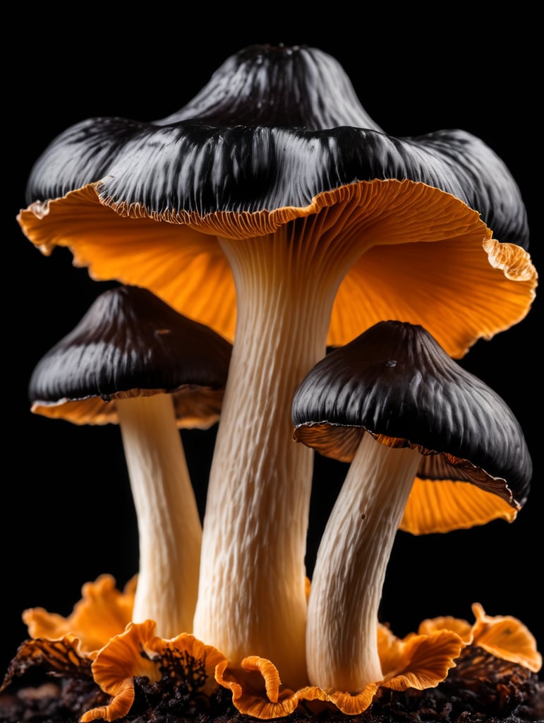 Macro photo of a black chanterelle mushroom, isolated, black background