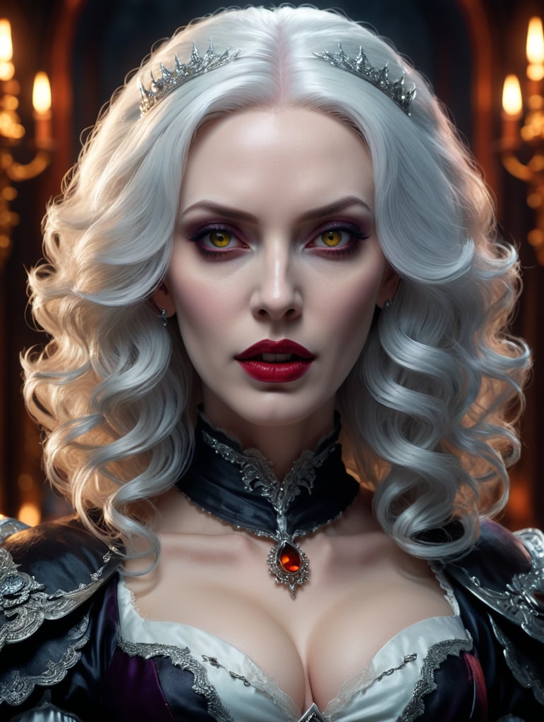 visualize a beautiful white haired vampire queen, looks like Christina Hendricks