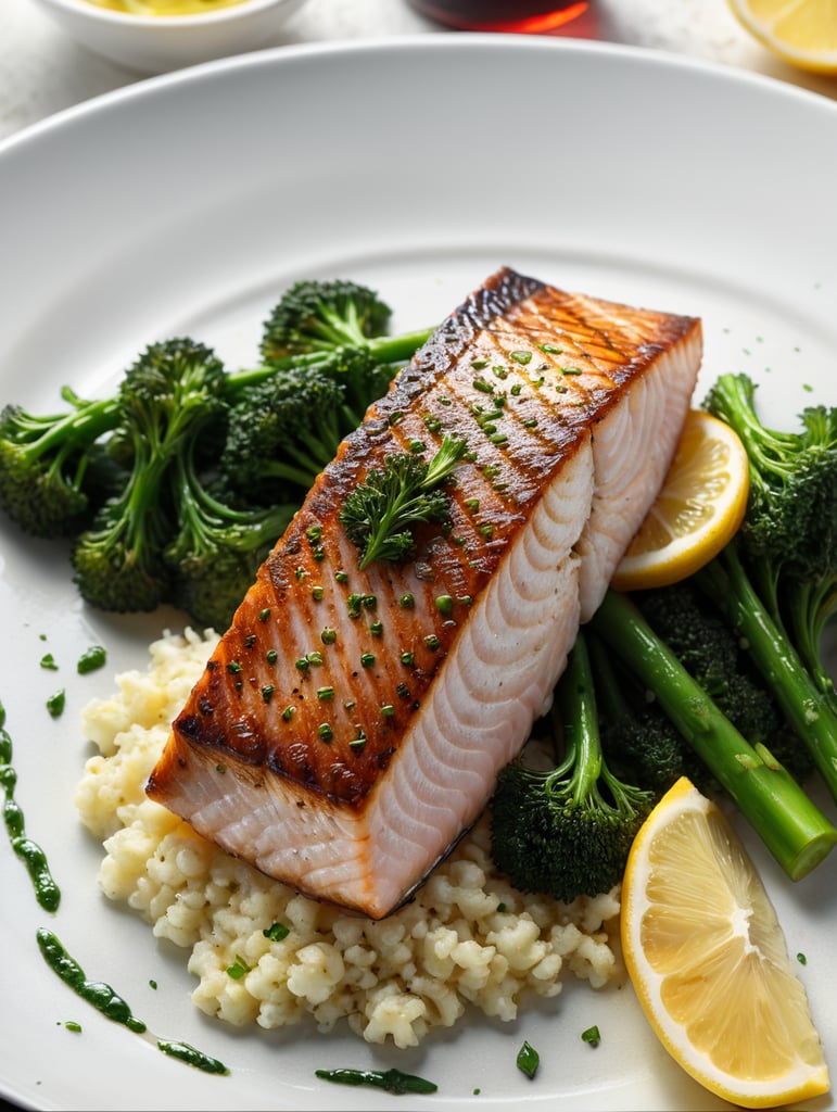 pan seared fish fillet with broccolini