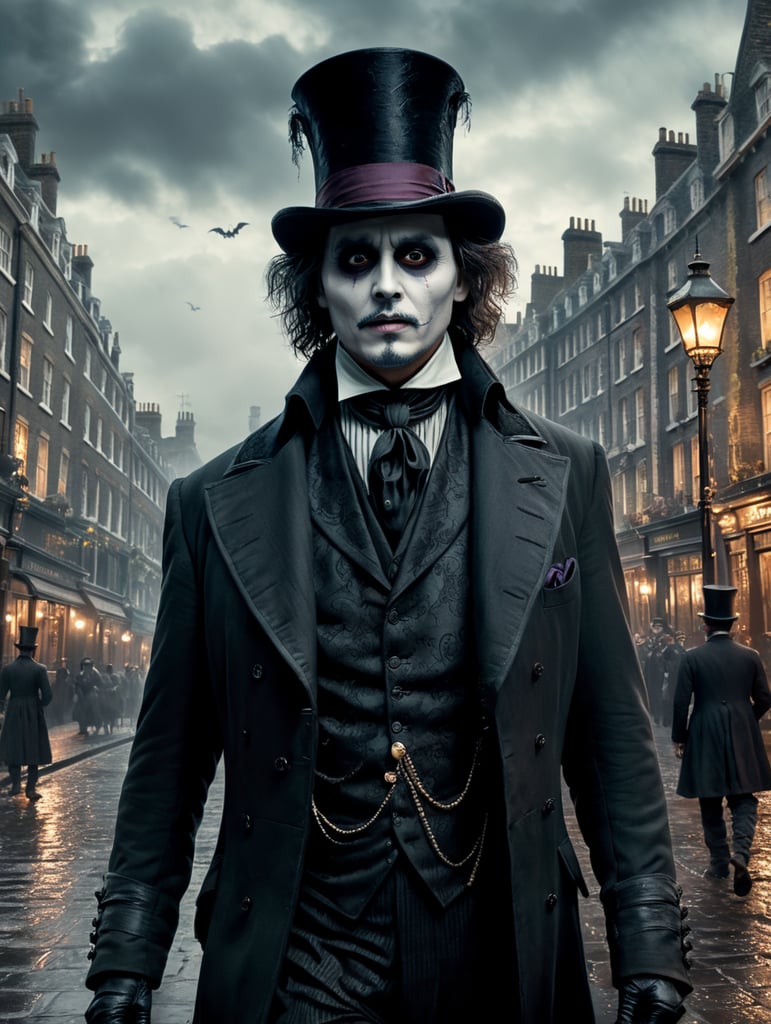 By Tim Burton, spooky Halloween eve, Johnny Depp embodying a grotesque Victorian gentleman ghost, haunted London streets, surreal horror, Halloween charm, cinematic photography, action shoot, movement, epic, high definition