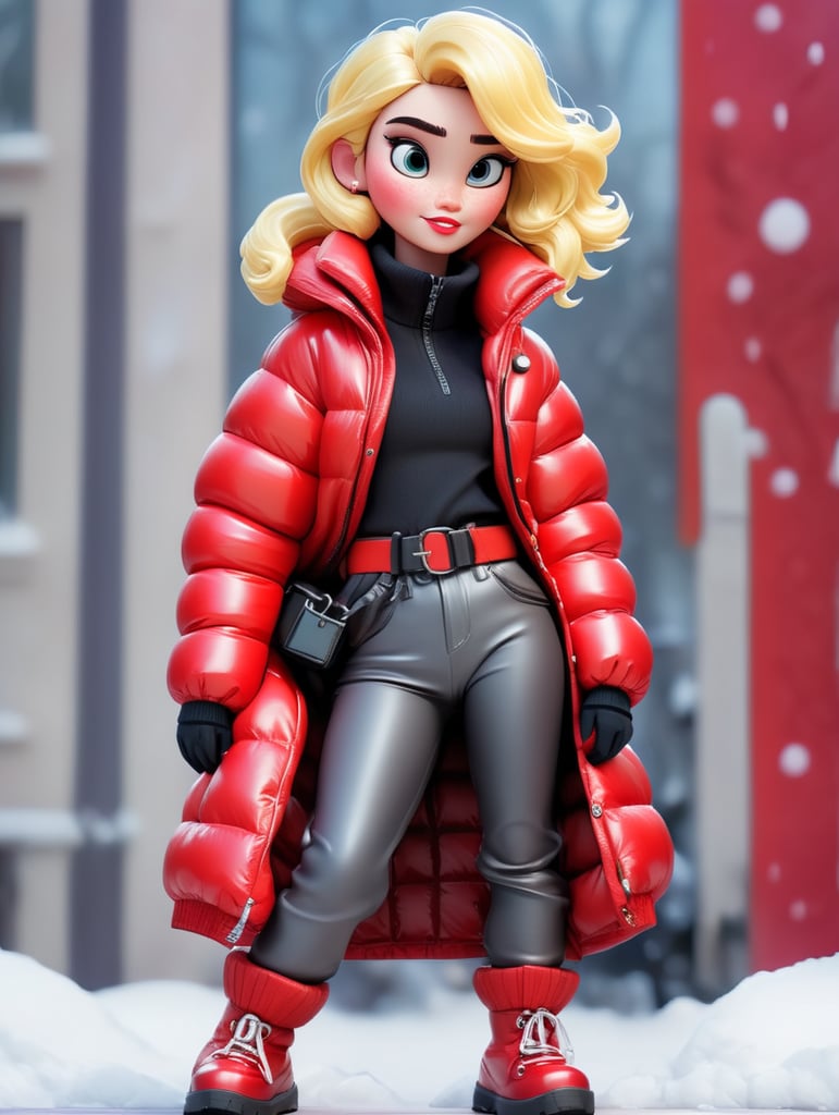 full body girl in a red glossy puffer jacket with bulky belt and massive zipper tab around waist and red glossy down puffer boots