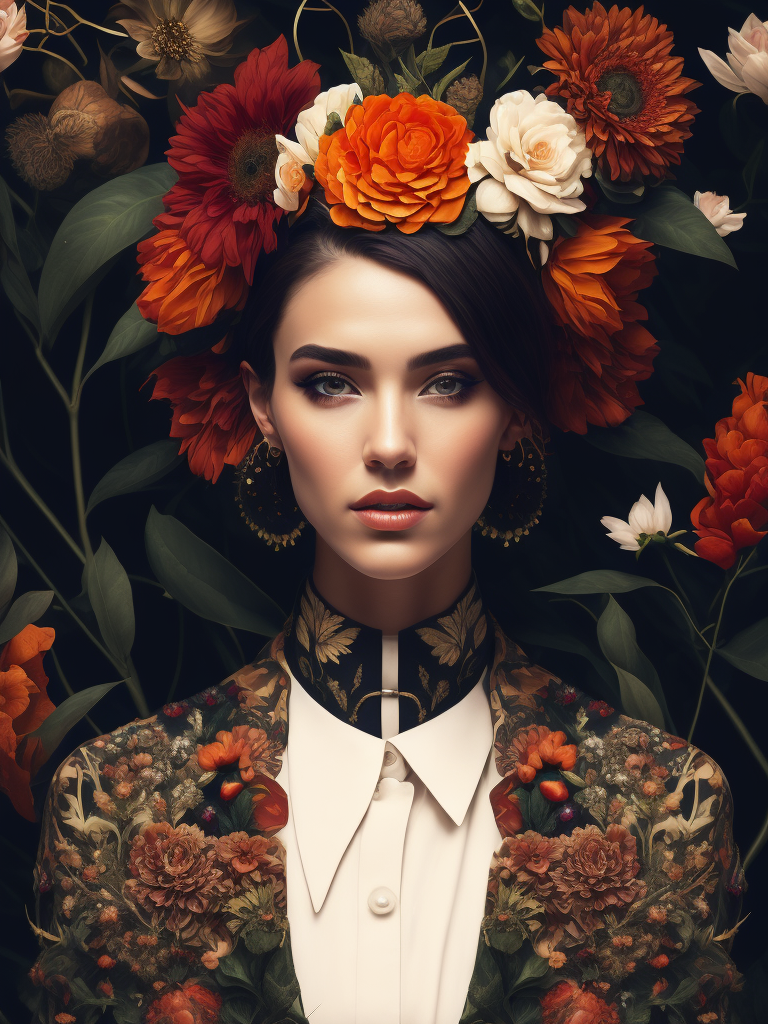 A collage of a woman with a head of vibrant, blooming flowers, her face turned to the side, a mix of vintage botanical illustrations and modern geometric vector shapes in the background