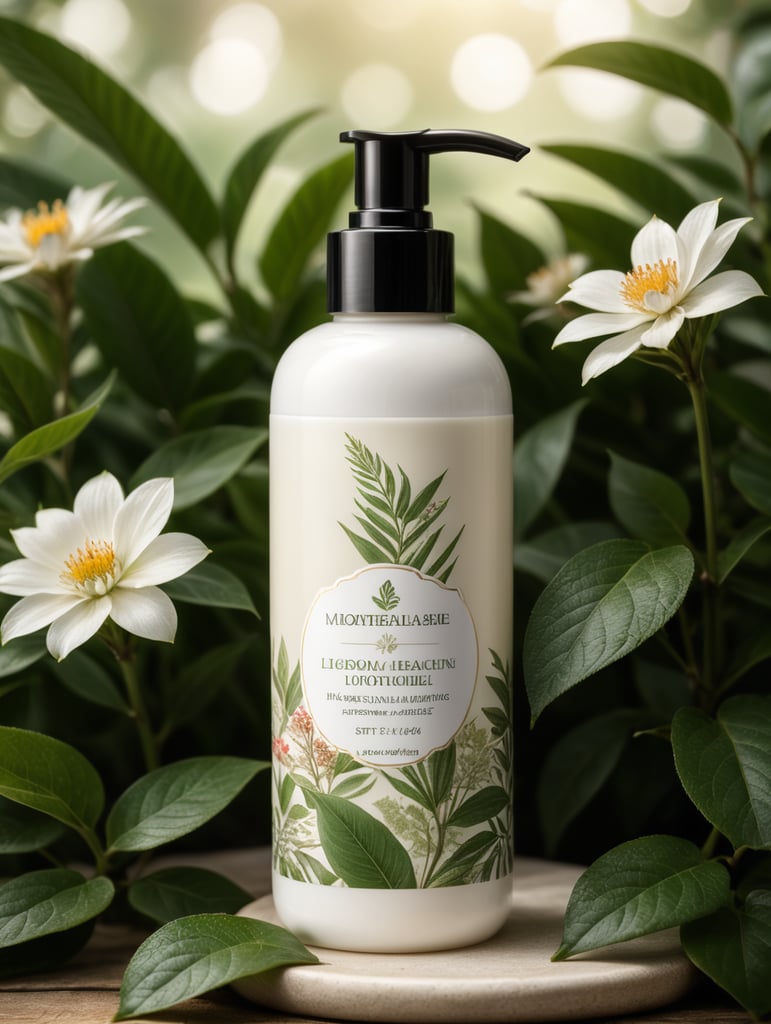 Skincare lotion bottle mockup, botanical background