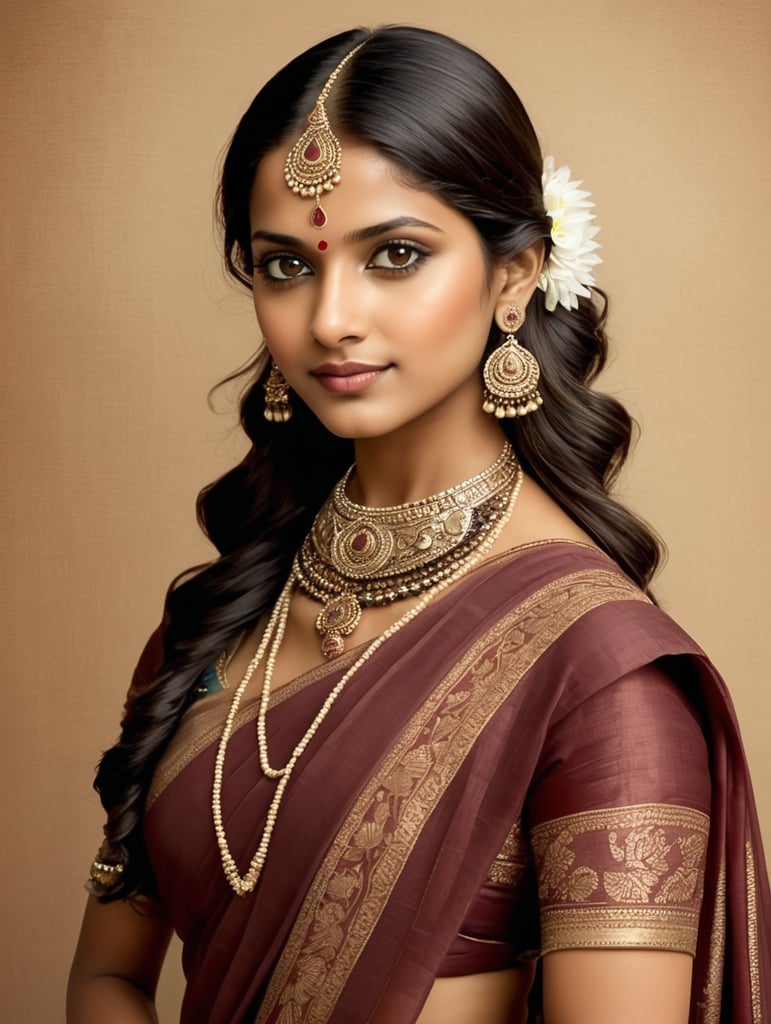 Indian girl dressed in sari and ethnic Indian jewelry, style by Jamini Roy