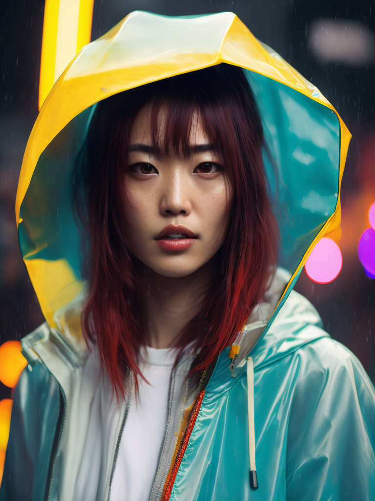 Portrait of Kaori from akira wearing transparent raincoat, rainy neo tokyo photoshoot, cyberpunk, Vivid saturated colors, Contrast light, studio photo, professional photo, Detailed image, detailed face