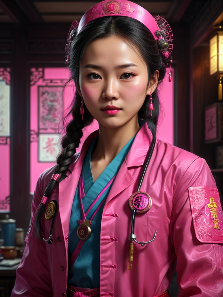 young Chinese doctor dressed in bright pink