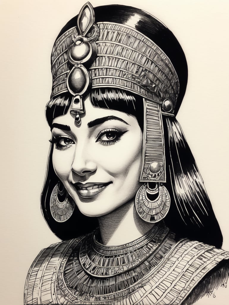 Happy Cleopatra, Ink pen sketch, low light, low detail,