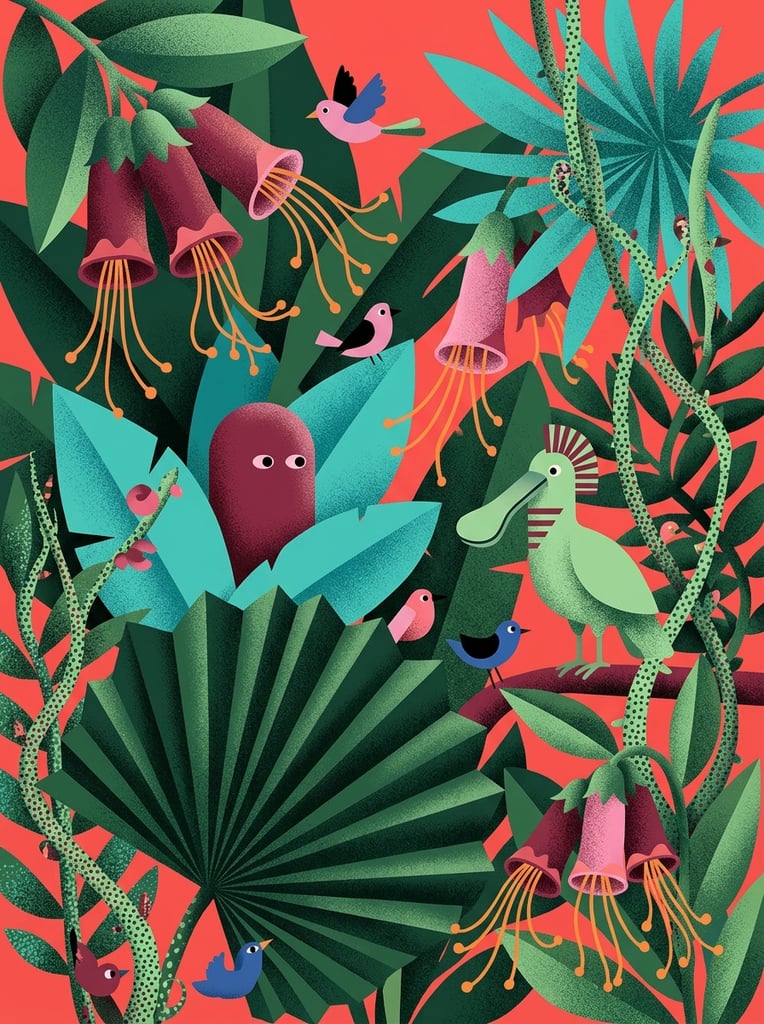 A densely packed stylized botanical illustration features whimsical, abstract creatures hiding among oversized, geometric tropical flora against a solid coral-red background. Deep forest green and bright teal broad leaves, maroon and pink tubular flowers, dotted spiky vines, and a prominent dark green pleated fan leaf overlap to fill the frame. Nestled within the vegetation are quirky characters, including a maroon pill-shaped entity, a light green bird-like figure with a flat beak, and tiny birds in pink, black, and blue. The artwork employs a bold graphic aesthetic enhanced by heavy stippling and coarse grain gradients, granting a soft, tactile volume to the geometric shapes and highlighting a surreal micro-ecosystem.