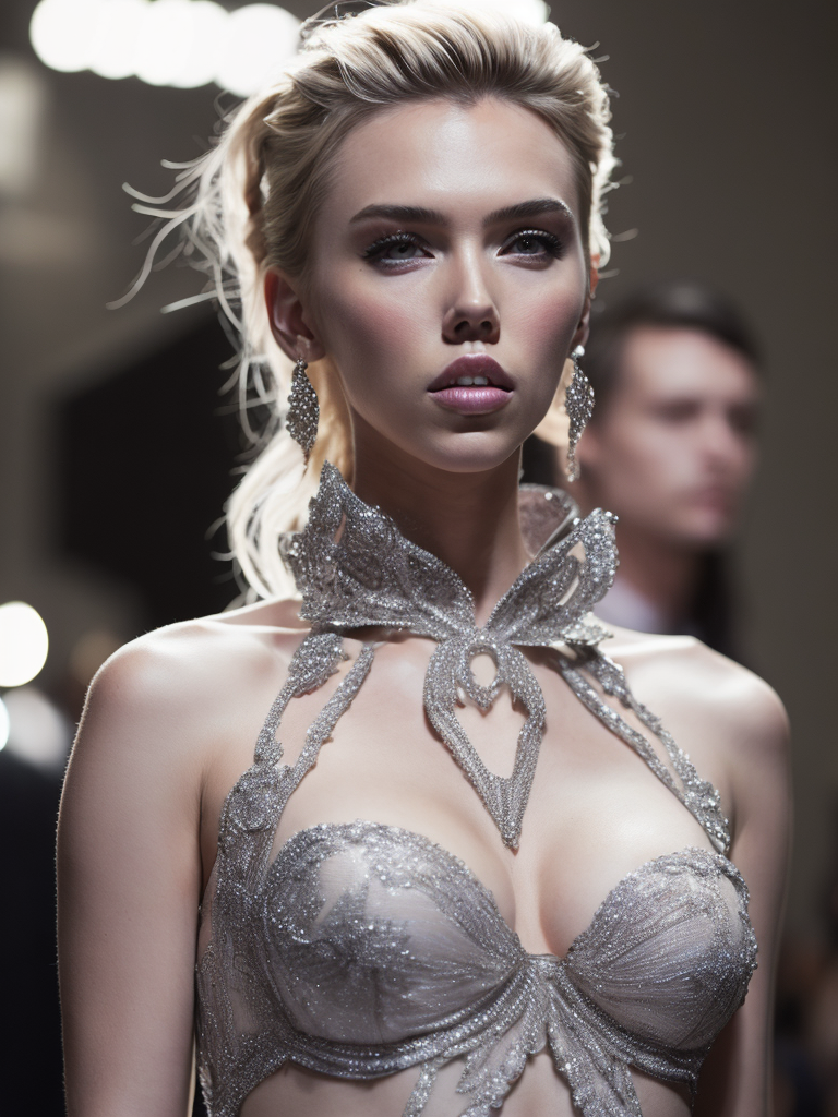 Scarlett Johansson as Victoria's Secret model walking down the catwalk, high definition, photography, cinematic, detailed character portrait, detailed and intricate environment,