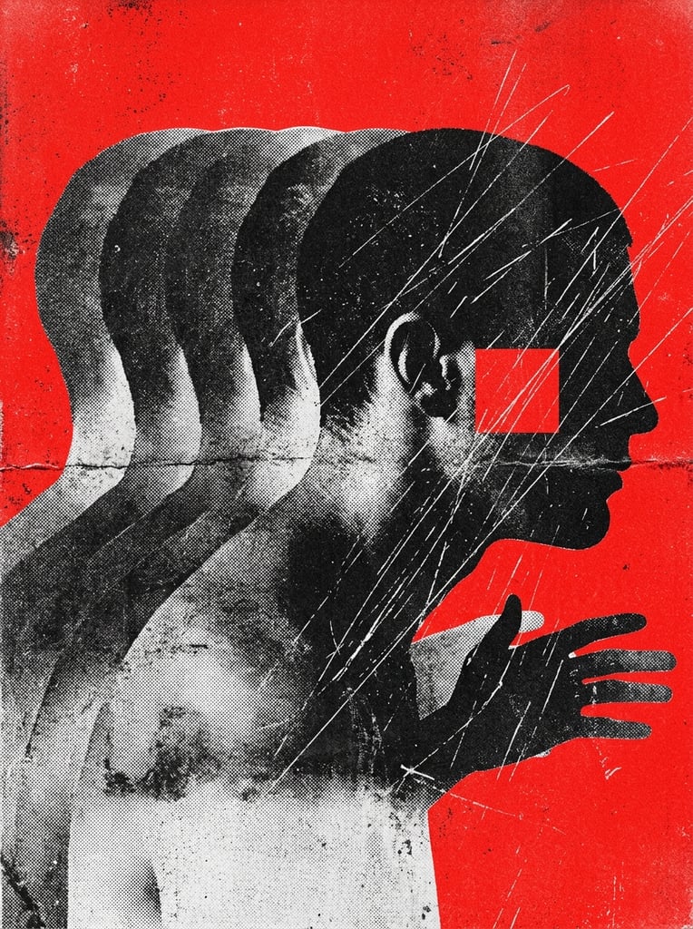 A high-contrast graphic illustration featuring a stroboscopic, multiple-exposure profile of a head and hand. The subject is rendered in heavily textured, grainy black and white, with overlapping layers implying motion. Thin white diagonal scratches distress the silhouettes. A vibrant, flat red background isolates the subject. A small solid red square intersects the rightmost black profile. The aesthetic mimics distressed vintage photocopy art with heavy grunge elements.