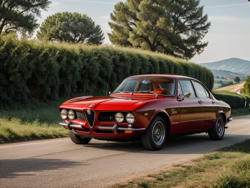 Envision futuristic 2050 version of a red 1970's Alfa Romeo Giulia - GT 1300 on a beautiful Italian countryside road