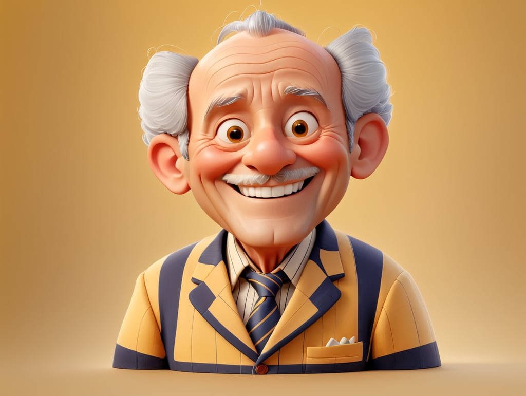 Smiling and cheerful old man in a striped jacket on an isolated yellow background