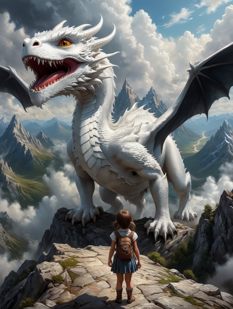little young girl looking up at the mountain rear view camera angle, a very far distance a friendly white dragon flying in the white cloudy sky, fantasy, realistic