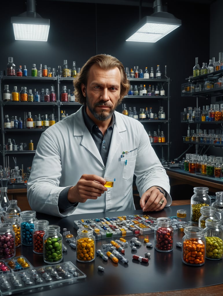 Casimir Funk in a lab with some vitamin capsules on the table, looking at the camera