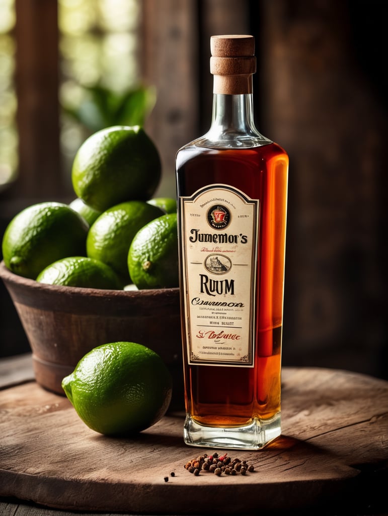professional photo of a rum vintage bottle on a rustic table surrounded by lime, cinnamon Jamaica pepper, dramatic light