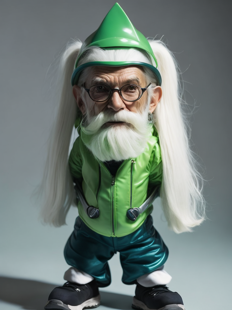 a gnome from fairytale 76 years old wearing a neon green helmet dressed in athletic clothing and glasses, in the style of futuristic glam, retro futurism, neon green clothing, glasses without color, clear glass, long white hair, teal background, mike campau, anton fadeev, high gloss, mono-ha