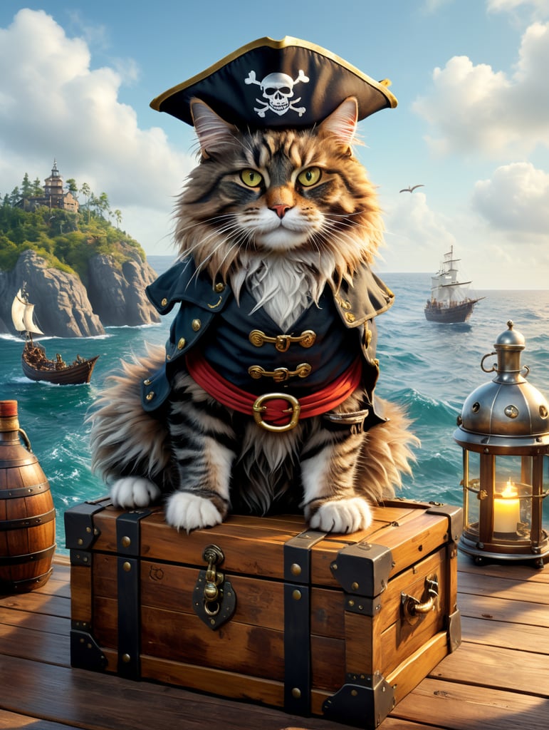 Create a 3D image of a Maine Coon cat dressed as a pirate, standing on a treasure chest. The cat should wear a pirate captain's hat, eyepatch, and have one wooden leg. Add some arrows, sea life creatures, and bottles of captured ghosts on the deck. Make the cat look dignified but slightly angry, and place it on a cut-out piece of ocean. Use soft studio colors for the background, and aim for a photorealistic, Pixar-style rendering