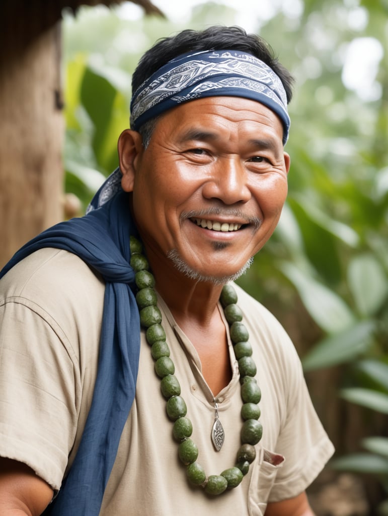 old male chubby filipino healer with bandana. front faced, full body. thick eyebrows. brown skin. wearing an amulet. while selling healing oil and herbal leaves. inside a bahay kubo. cheerful personality