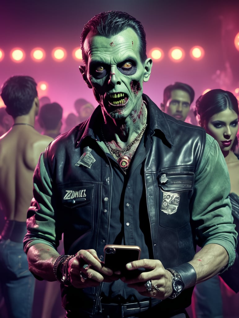 vintage movie cinematic still of a zombie wearing nightclub hip clothing, using an iPhone, in the style of 1990's party club flyers