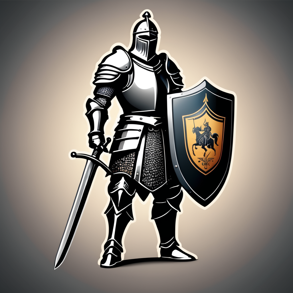 arafed knight with sword and shield logo design, strong fantasy knight, professional logo design, sword design, medieval knight, (((knight))), fantasy knight, holy crusader medieval knight, logo vector art, medieval holy crusader knight, armored knight, high quality character design, 3 d logo, logo design, knight, medieval fantasy game art, logo concept design, illustrated logo