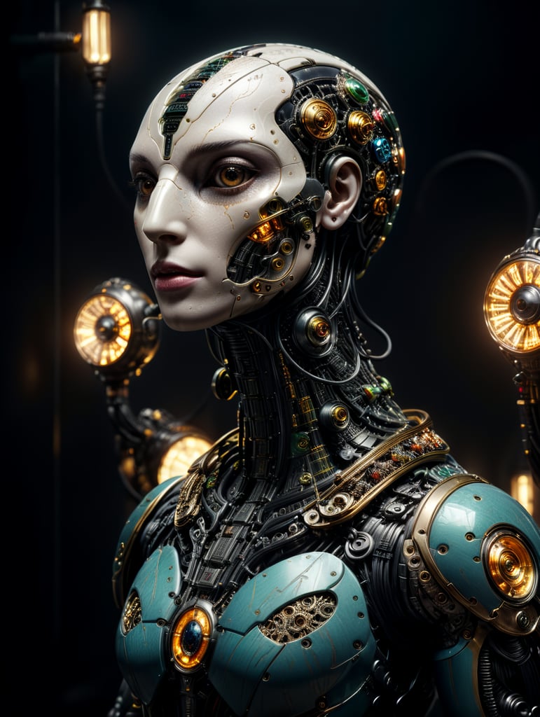 ultra detailed of a beautiful porcelain of parrot android, cyborg from detailed robotic parts, luxurious cyberpunk style, detailed anatomical, facial muscles, cable electric wires, microchip, beautiful studio soft light, rim light, vibrant details, lace, hyper realistic, elegant, beautiful background, octane render, H.R. Giger style