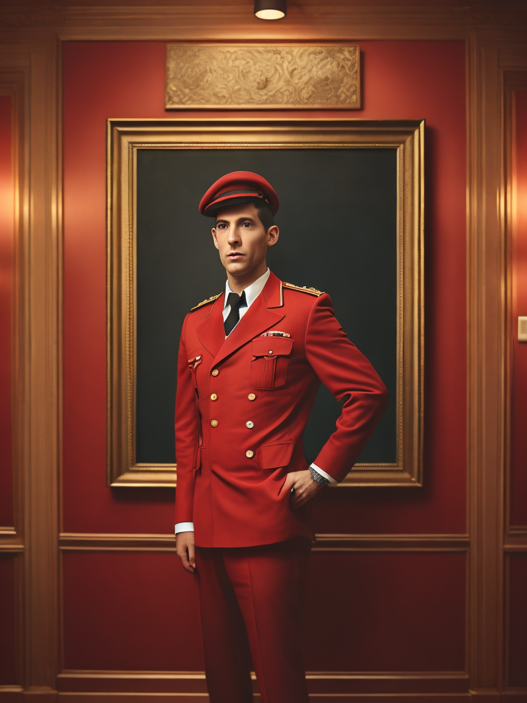 Vintage Portrait of hotel porter, Red uniform, Wes Anderson style, Incredibly high detail, Bright colors