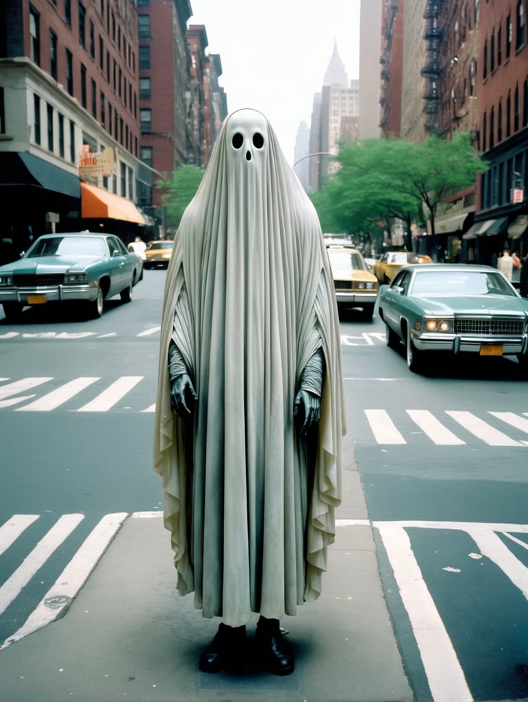 Very creepy realistic ghost standing in the street, new york city, portra 400, vintage photo