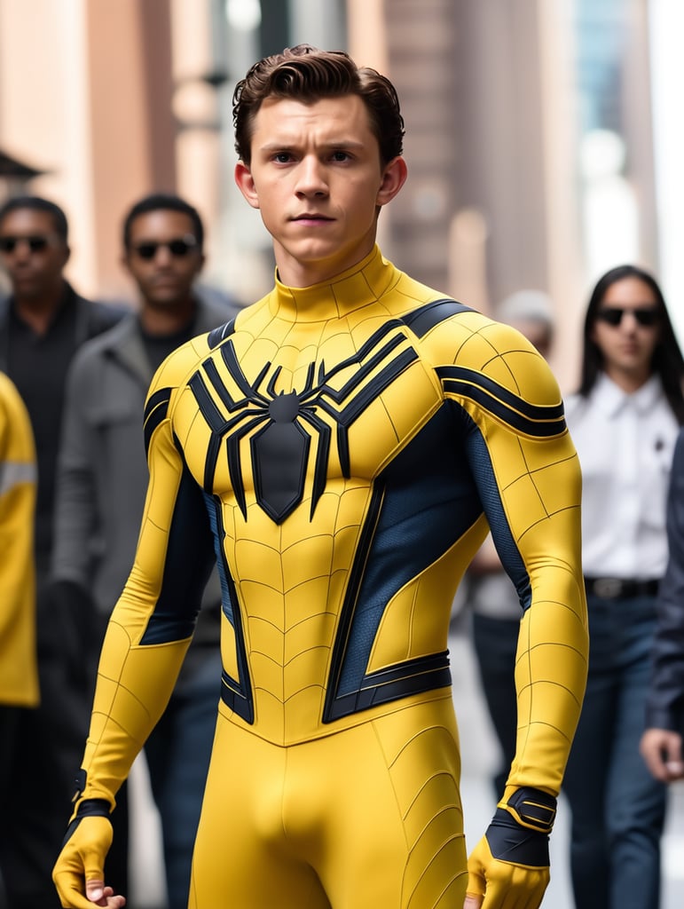 Tom Holland in yellow spiderman outfit