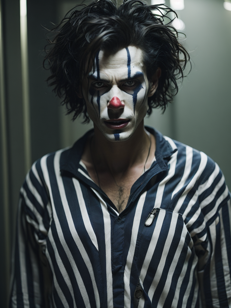 angry clown in a black and white stripes prison jumpsuit uniform