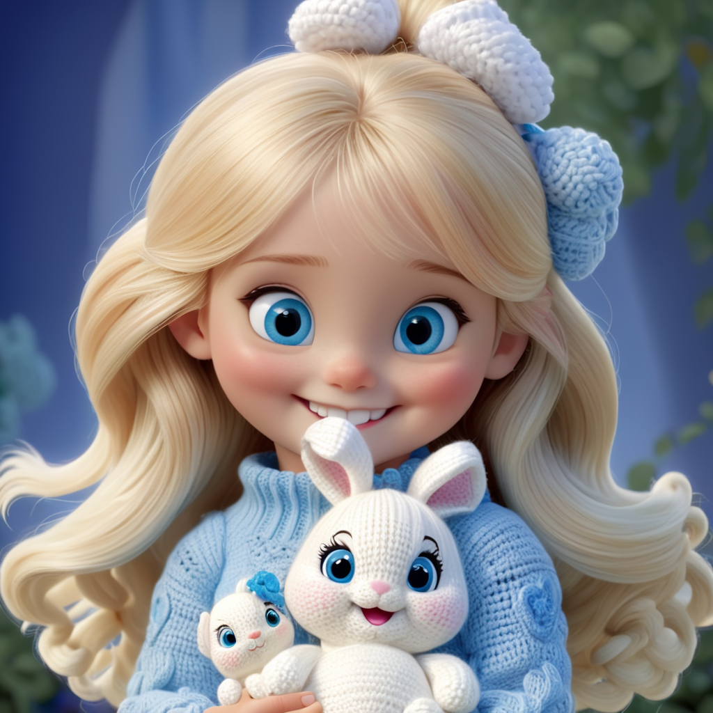 girl with blonde hair and blue eyes, smiling and hugging a white crocheted bunny in her hands, with skeins of yarn around her, generated in Disney Pixar 3D style