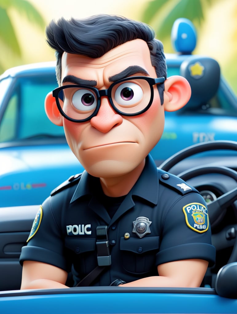 Gorilla police officer, sitting behind the wheel of a police car, close-up shot, sunglasses, clipart, stock photo