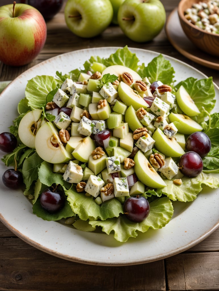 Waldorf Salad, small plate on a wooden table, Description: A delightful mix of crisp apples, celery, grapes, and walnuts in a mayonnaise-based dressing, often served on a bed of lettuce.