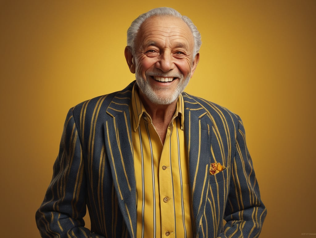 Smiling and cheerful old man in a striped jacket on an isolated yellow background