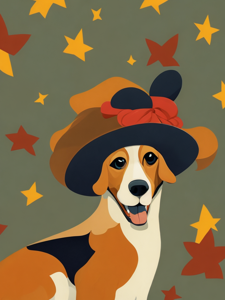 a dog, wearing a hat, Illustration, Disney, USA, style of Mary Blair