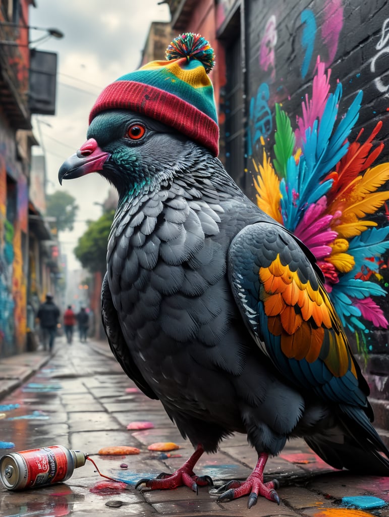 graffiti writer pigeon wearing a beannie with spraycan in in mexico city