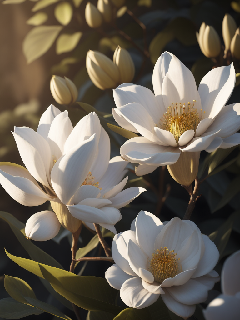 цветы магнолия белая, светит солнце в саду