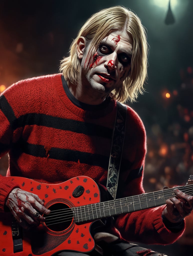 Kurt Cobain as a zombie wearing a red sweater with thick black stipes, playing a guitar, Halloween style, Vivid saturated colors, Contrast color