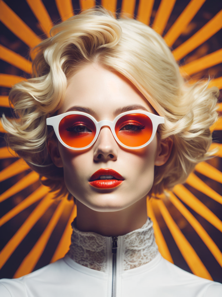 Pale-skinned girl model, wearing a high-necked dress, contrast lighting, white sunglasses with red-orange lenses, red lips, blonde hair in a bob style, dark background with orange-red rays, fashion model, magazine cover, professional shot,