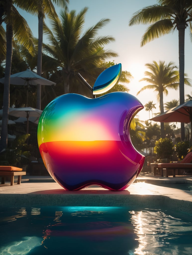 hyper realistic apple imacs as clear plastic pool float with sunlight shining through, neon palette, miami beach, unreal engine, octane render, cinematic lighting, highly detailed miami beach, y2k, bright colors, hyperrealistic, low angle, 16k, 8K UHD, 8K texture, cinematic, rim lighting, neon palette, color theory, dramatic, volumetric lighting, 35 mm, in focus, unreal engine, highly detailed, octane render, ultra high resolution