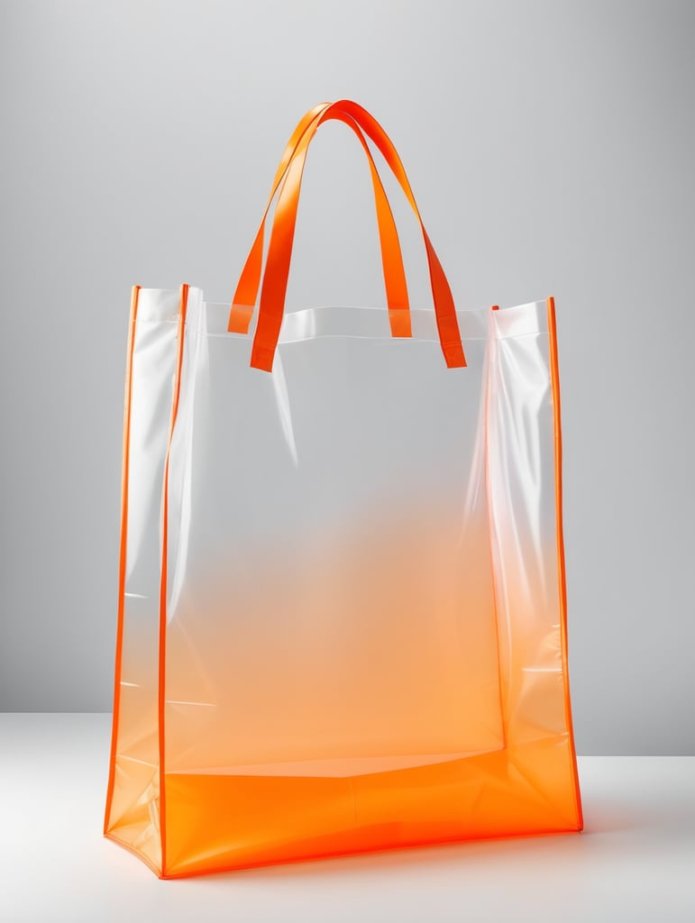 Inflatable vibrant orange minimalist shopping bag, transparent, isolated, grey background, mockup