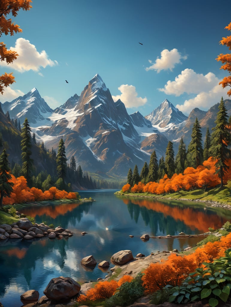 mountain range around lake, trees, blues, greens and oranges, open space in middle, orange fruit, blue background, simple dark blue bird silhouettes,