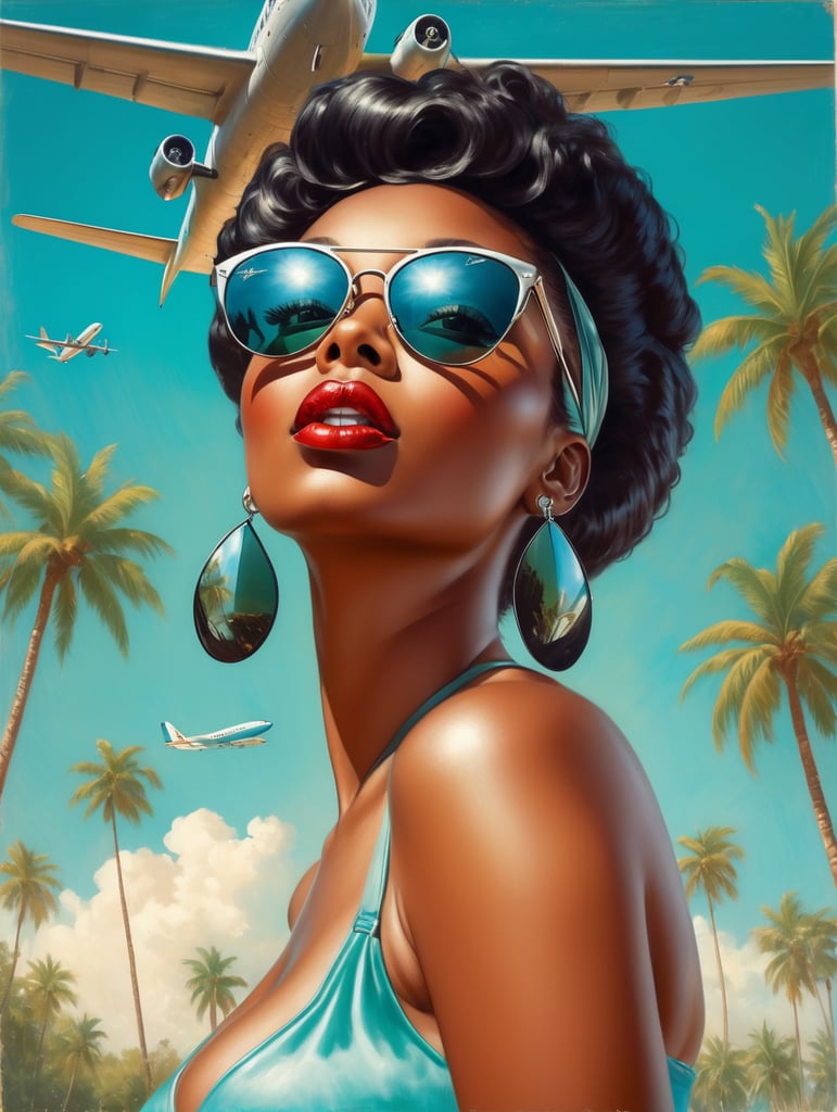 Pin up art, portrait, a black woman raised her head up, looks at the sky, sunglasses, one airplane flies in a clear sky and leaves a mark, summer, palms around, palms reflected on a sunglasses, turquoise shades, style by Gil Elvgren