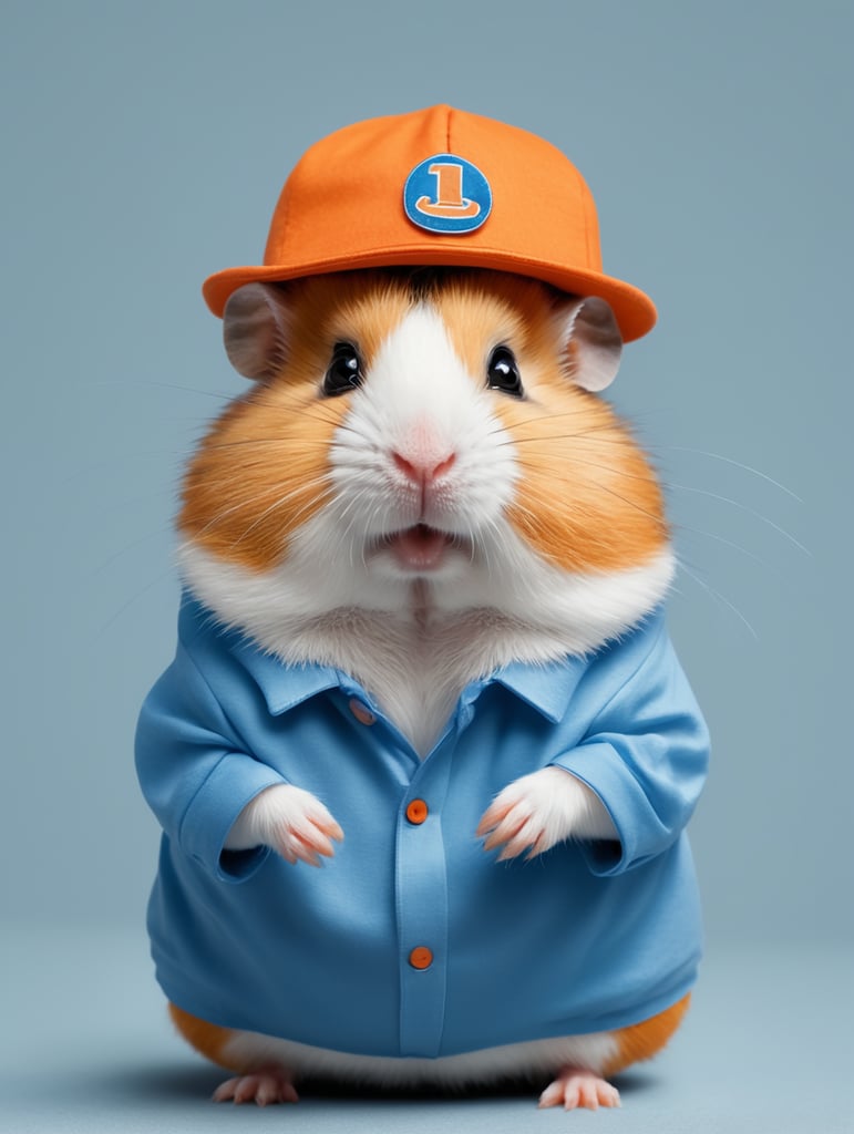 Een hamster pion met een blauw met oranje shirtje aan. De hamster heeft een hoedje op. De hamsters moeten lijken op die van de Albert Heijn.