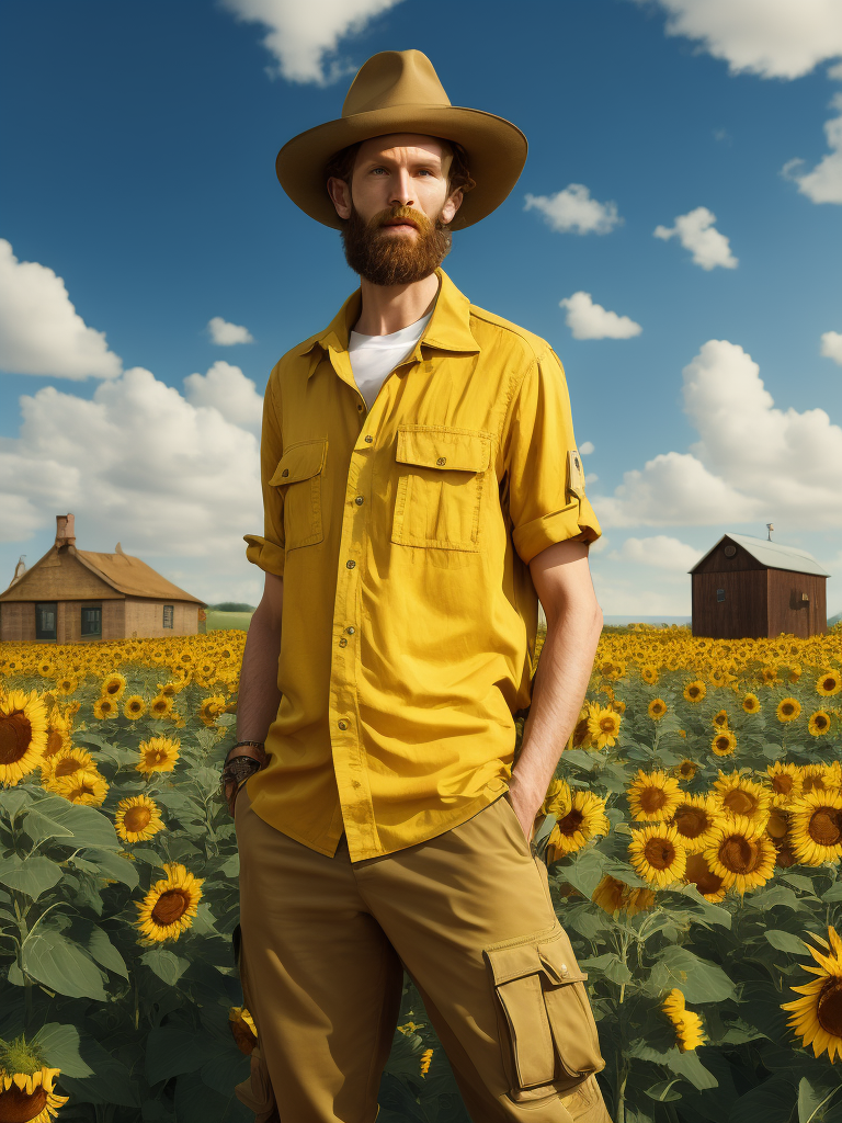 Van Gogh is standing, wearing wide beige cargo pants and an oversized yellow-on-blue shirt. In the background are fields of sunflowers and a small wooden house.