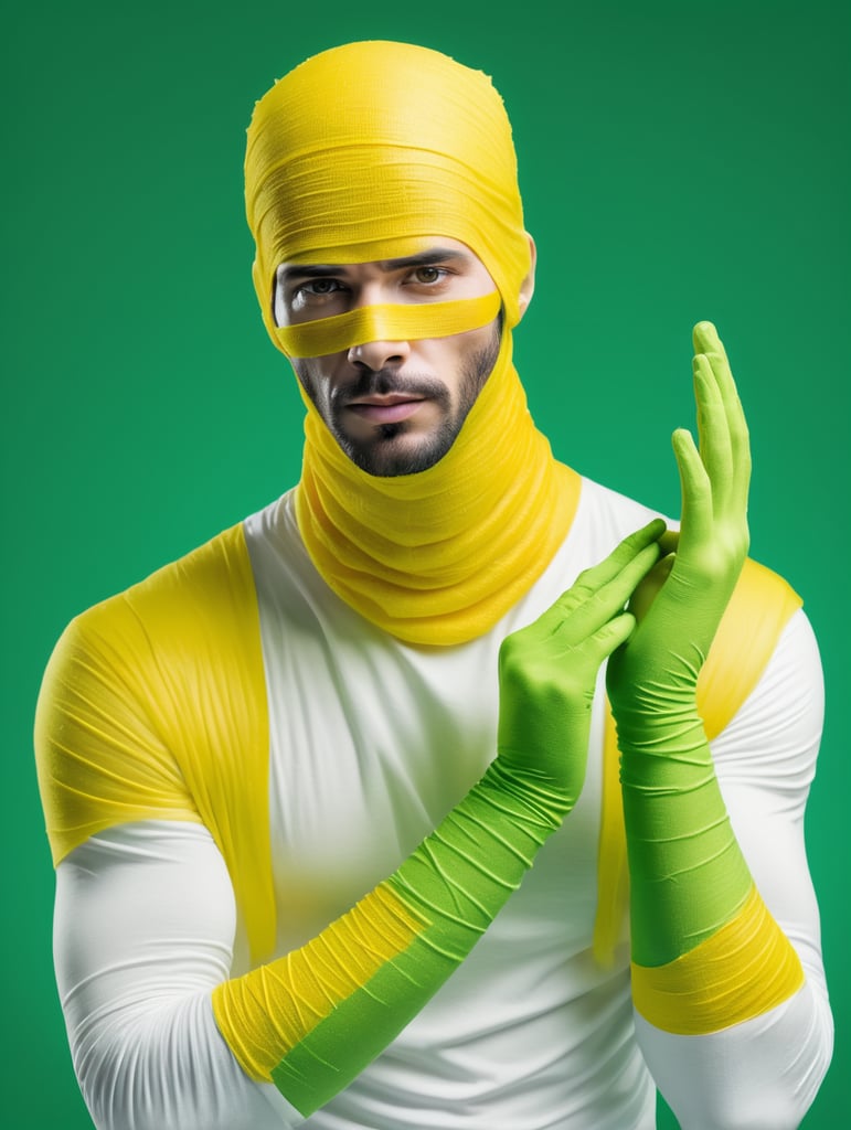 A photograph of man covered in yellow bandages with realistic style, halloween costume, green background, full body, show hands, show neck and head