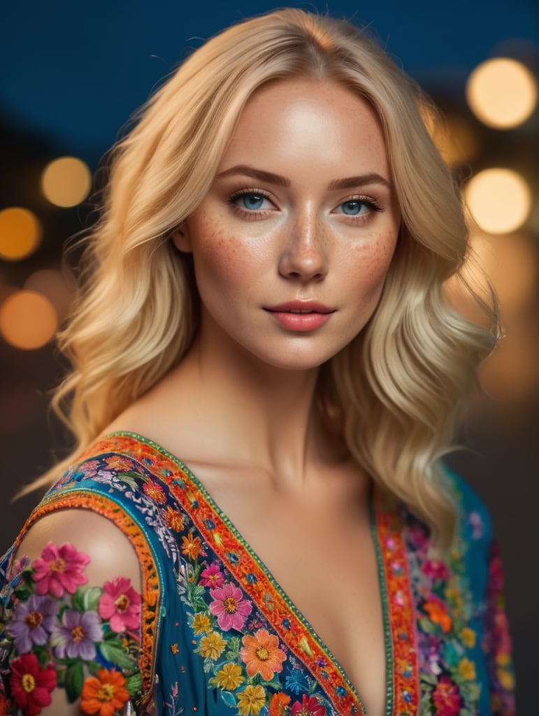 Beautiful blonde woman with freckles, wearing a colorful, vibrant, detailed embroidered dress, medium-full shot, at night