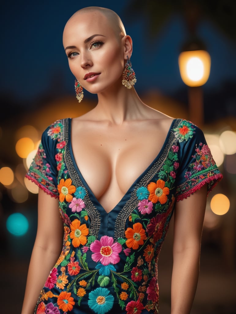 Beautiful hot bald woman with freckles, wearing a colorful, vibrant, detailed embroidered dress, medium-full shot, at night