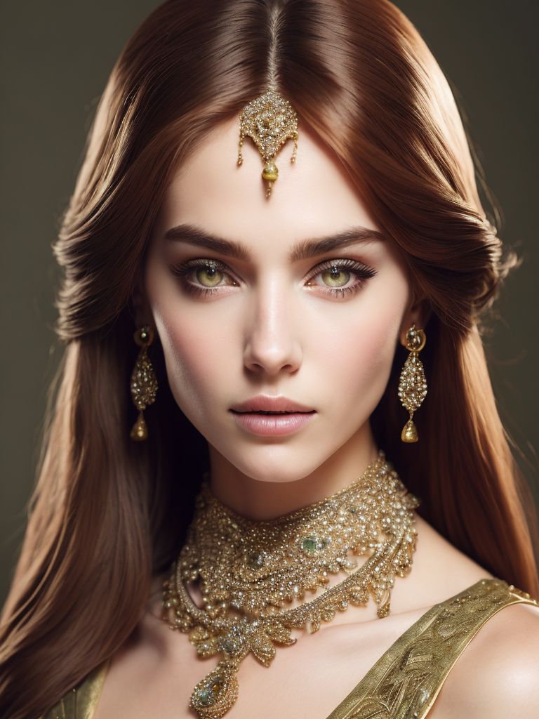 Beautiful portrait of an attractive princess, sparkling hazel green eyes, highlighted chestnut brown long straight hair, adorned in intricate golden jewelry, exotic beauty, highly detailed, digital painting, sharp focus