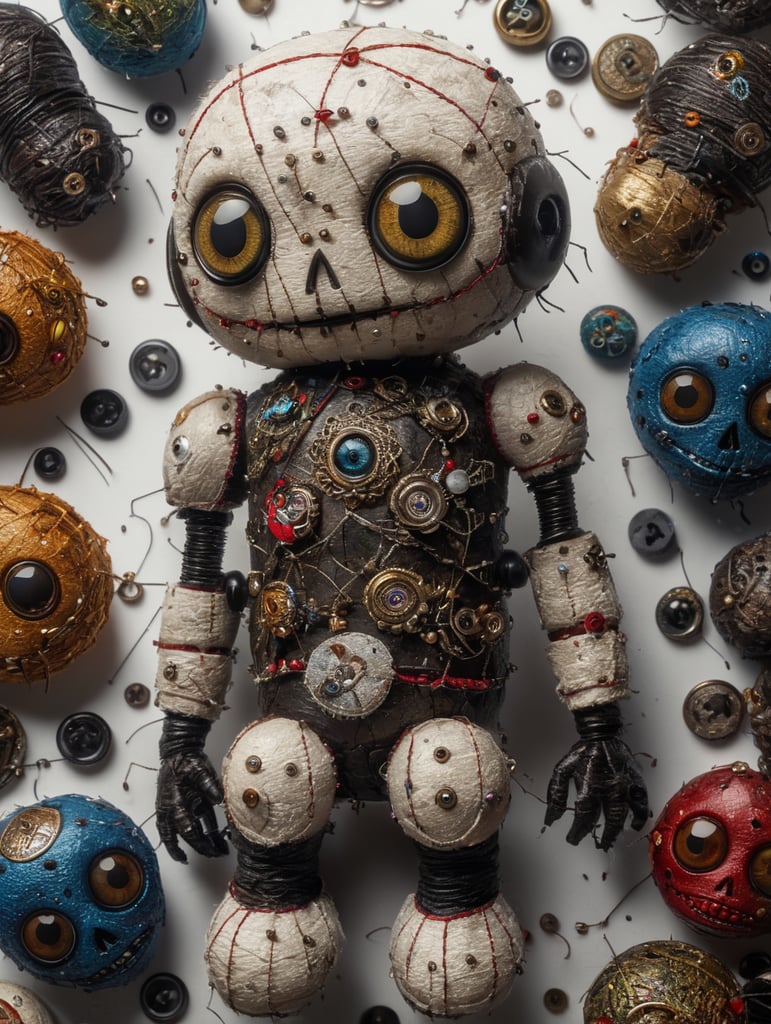 white background voodoo doll basic pins eye buttons stitched